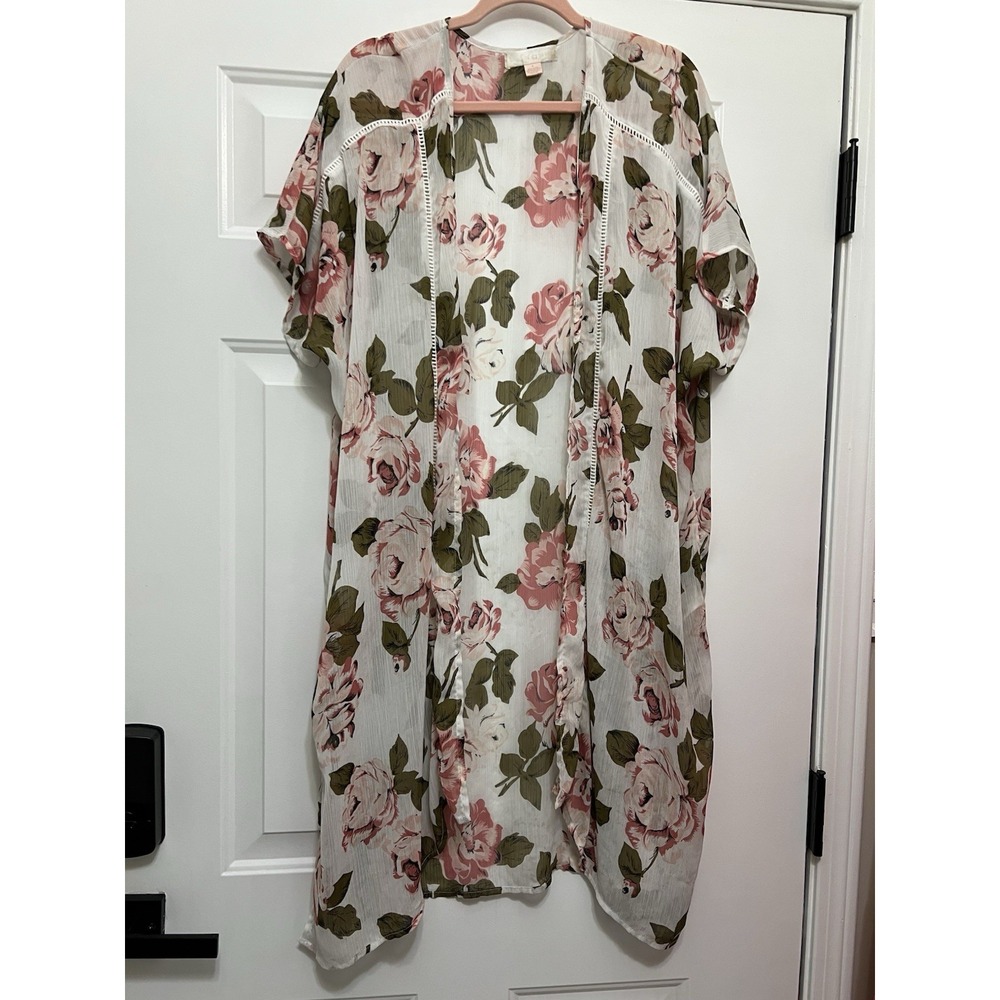 Band of Gypsies Woman Sheer Kimono Floral Balloon Sleeve Small Pink Green Boho